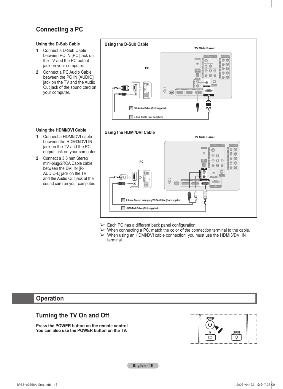 Connecting a pc, Operation, Turning the tv on and off | Operation turning the tv on and off | Samsung 750 Series User Manual | Page 16 / 195