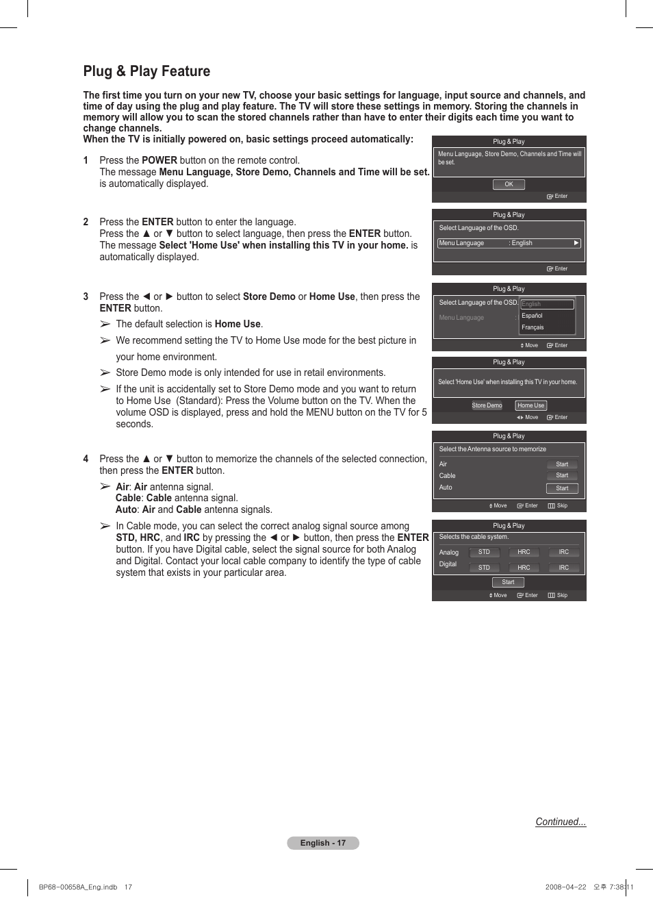Plug & play feature | Samsung 750 Series User Manual | Page 17 / 195