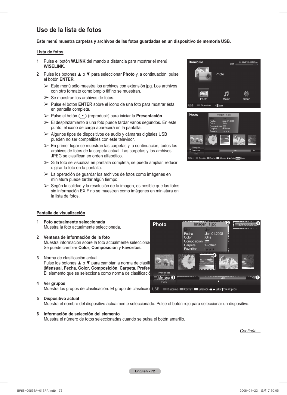 Uso de la lista de fotos, Photo | Samsung 750 Series User Manual | Page 172 / 195