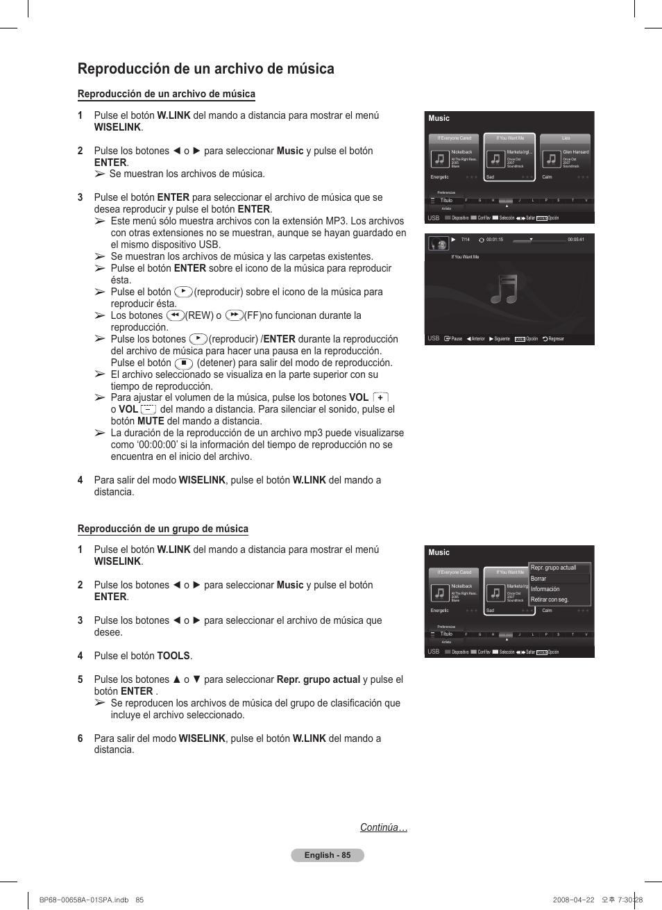 Reproducción de un archivo de música, Pulse el botón, Los botones | Rew) o, Ff)no funcionan durante la reproducción, Pulse los botones, Detener) para salir del modo de reproducción, O vol | Samsung 750 Series User Manual | Page 185 / 195