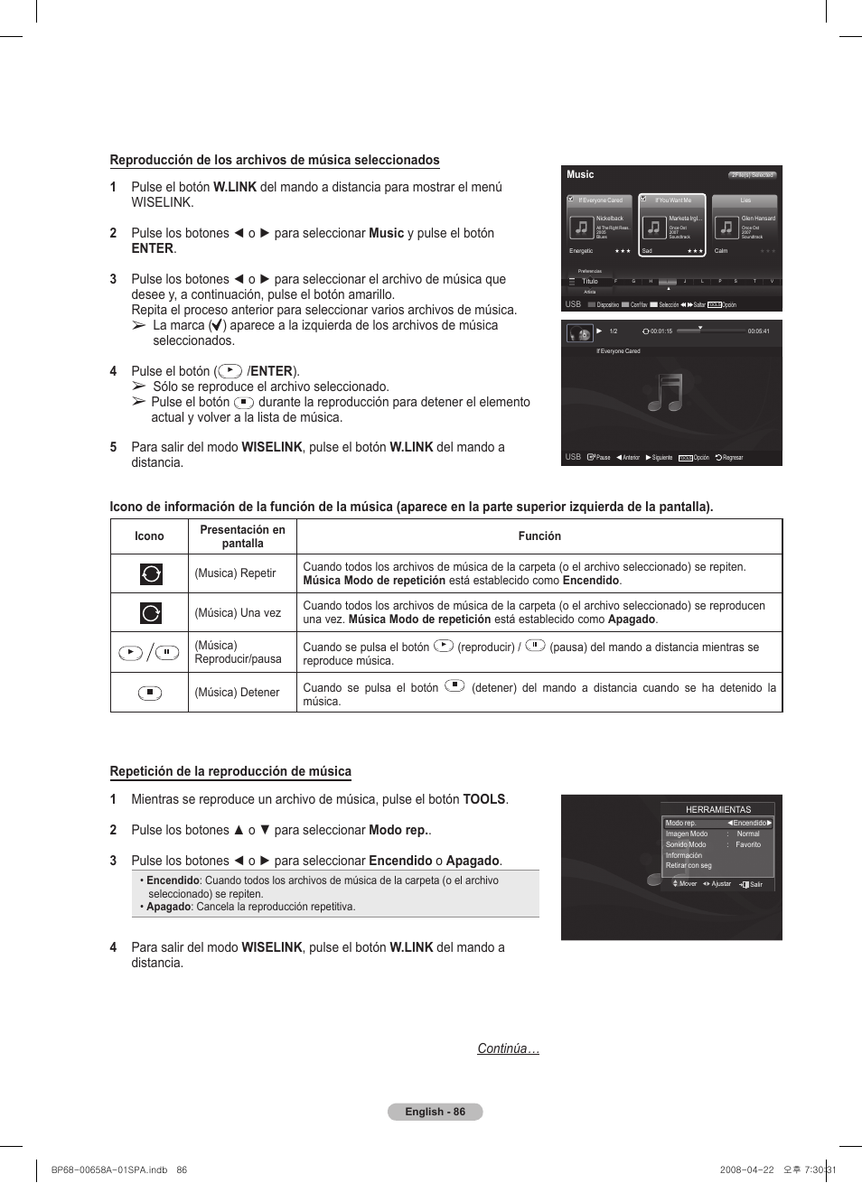 Enter ), Sólo se reproduce el archivo seleccionado, Pulse el botón | Música) reproducir/pausa cuando se pulsa el botón, Reproducir), Música) detener cuando se pulsa el botón | Samsung 750 Series User Manual | Page 186 / 195