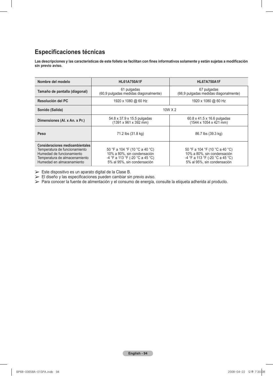 Esta página se ha dejado en blanco expresamente, Especificaciones técnicas | Samsung 750 Series User Manual | Page 194 / 195