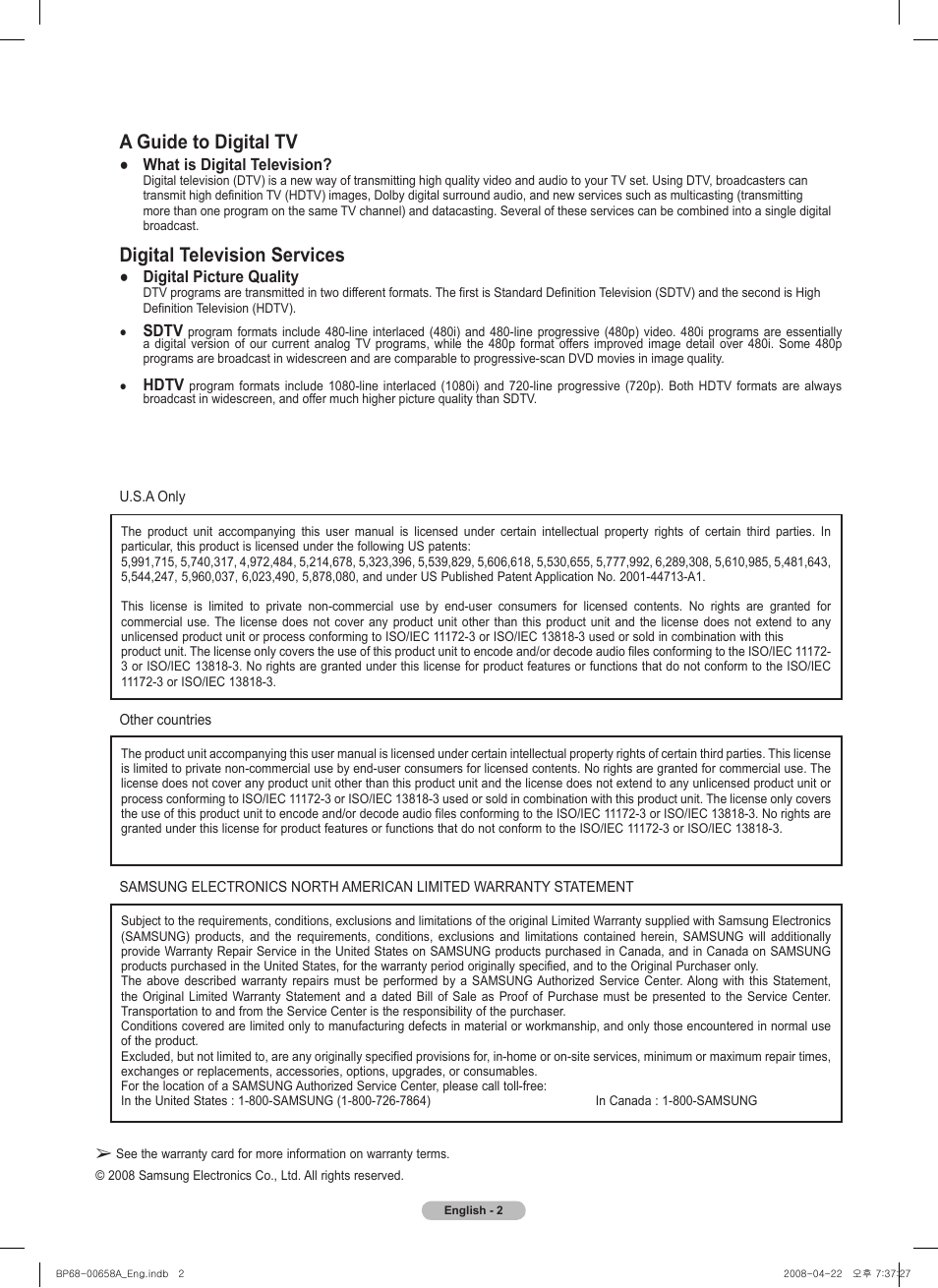 A guide to digital tv, Digital television services | Samsung 750 Series User Manual | Page 2 / 195