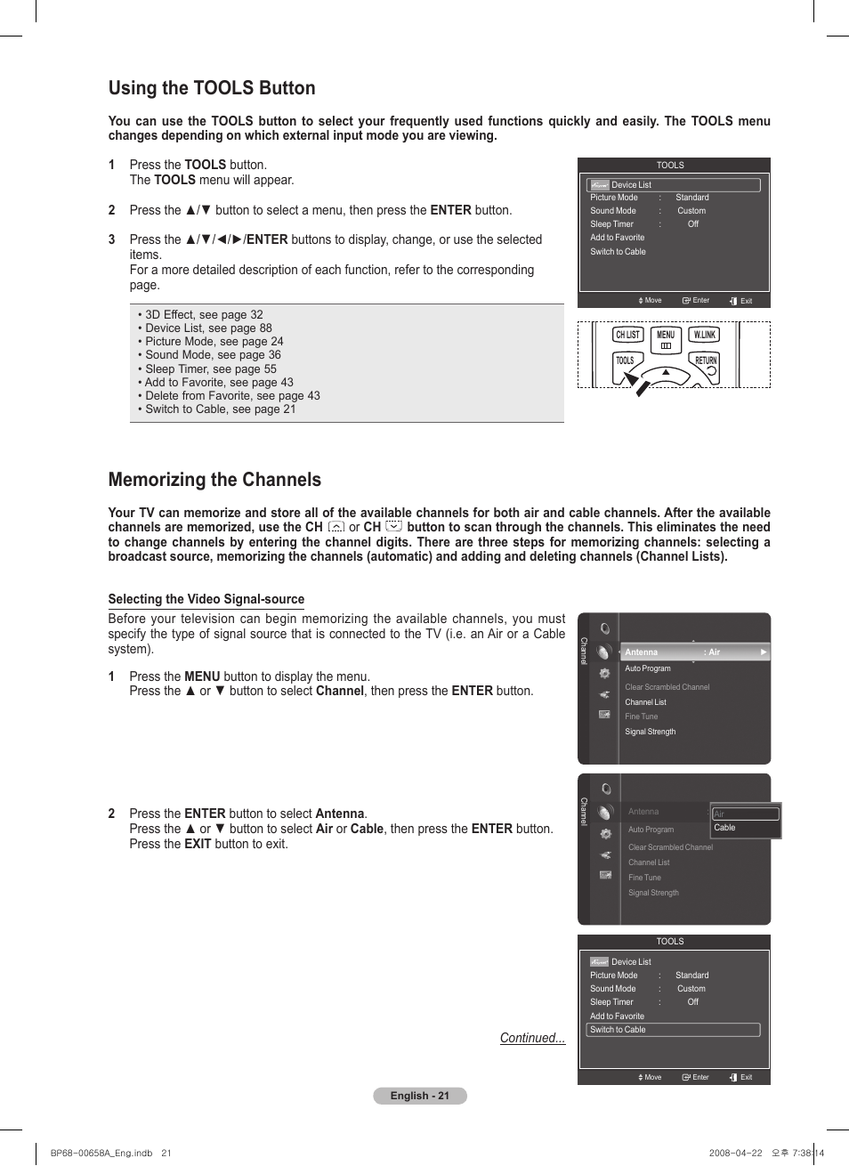 Using the tools button, Memorizing the channels, Or ch | Samsung 750 Series User Manual | Page 21 / 195