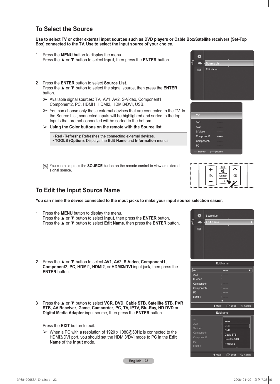 To select the source, To edit the input source name | Samsung 750 Series User Manual | Page 23 / 195