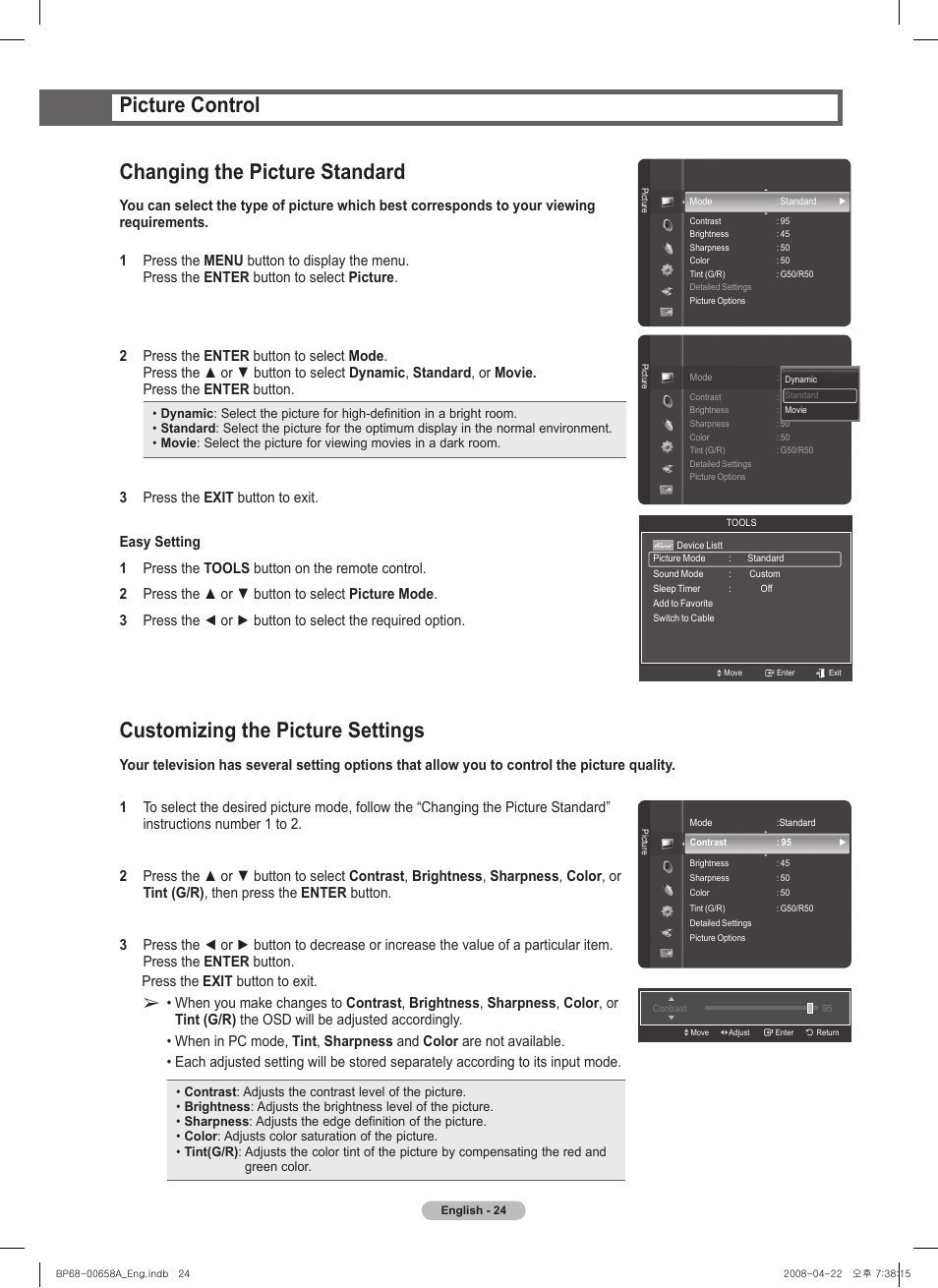 Picture control, Changing the picture standard, Customizing the picture settings | Press the exit button to exit | Samsung 750 Series User Manual | Page 24 / 195