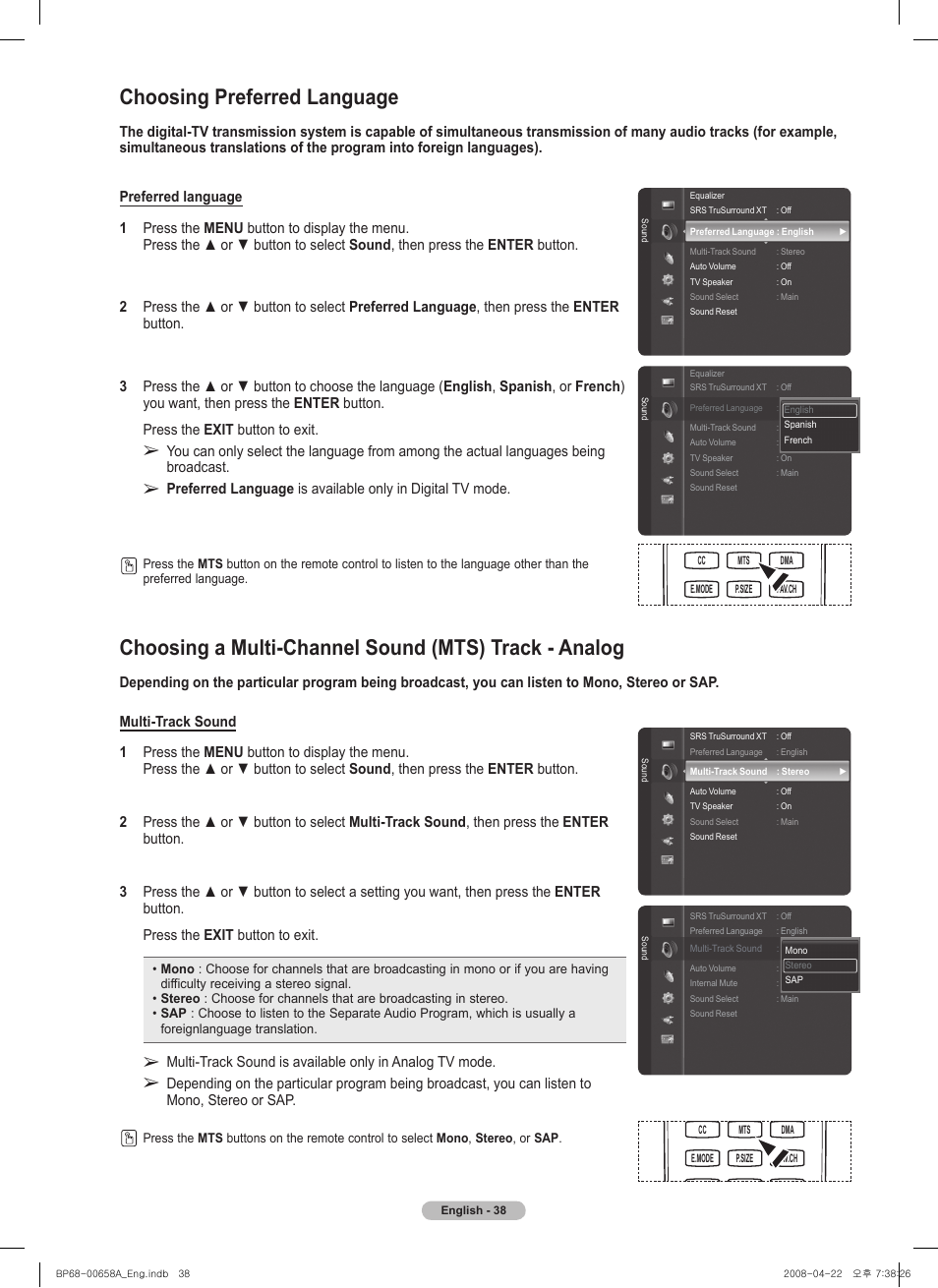 Choosing preferred language | Samsung 750 Series User Manual | Page 38 / 195