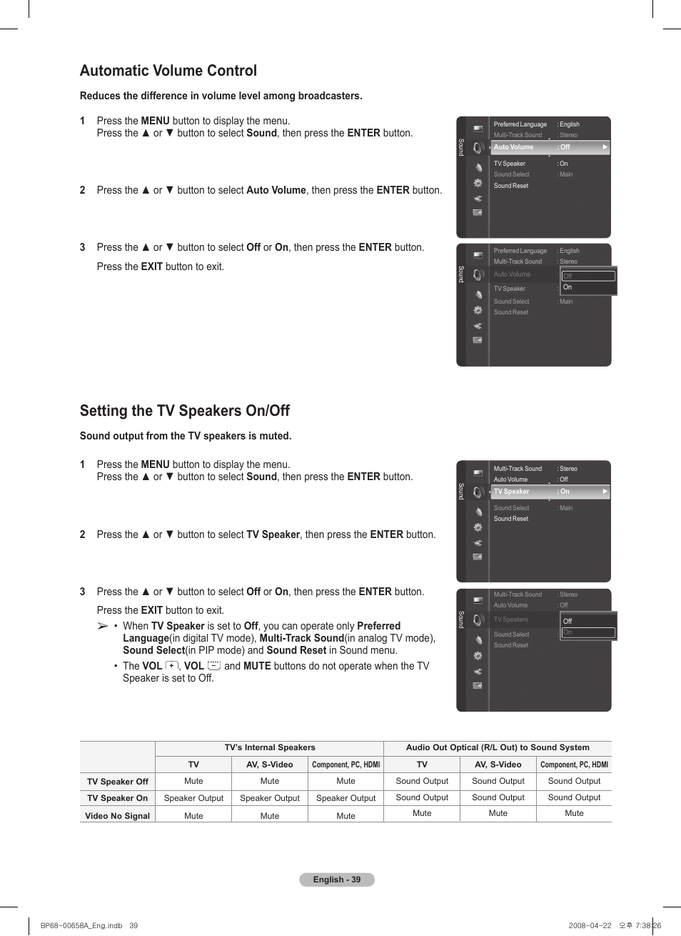 Automatic volume control, Setting the tv speakers on/off, Sound output from the tv speakers is muted | Samsung 750 Series User Manual | Page 39 / 195