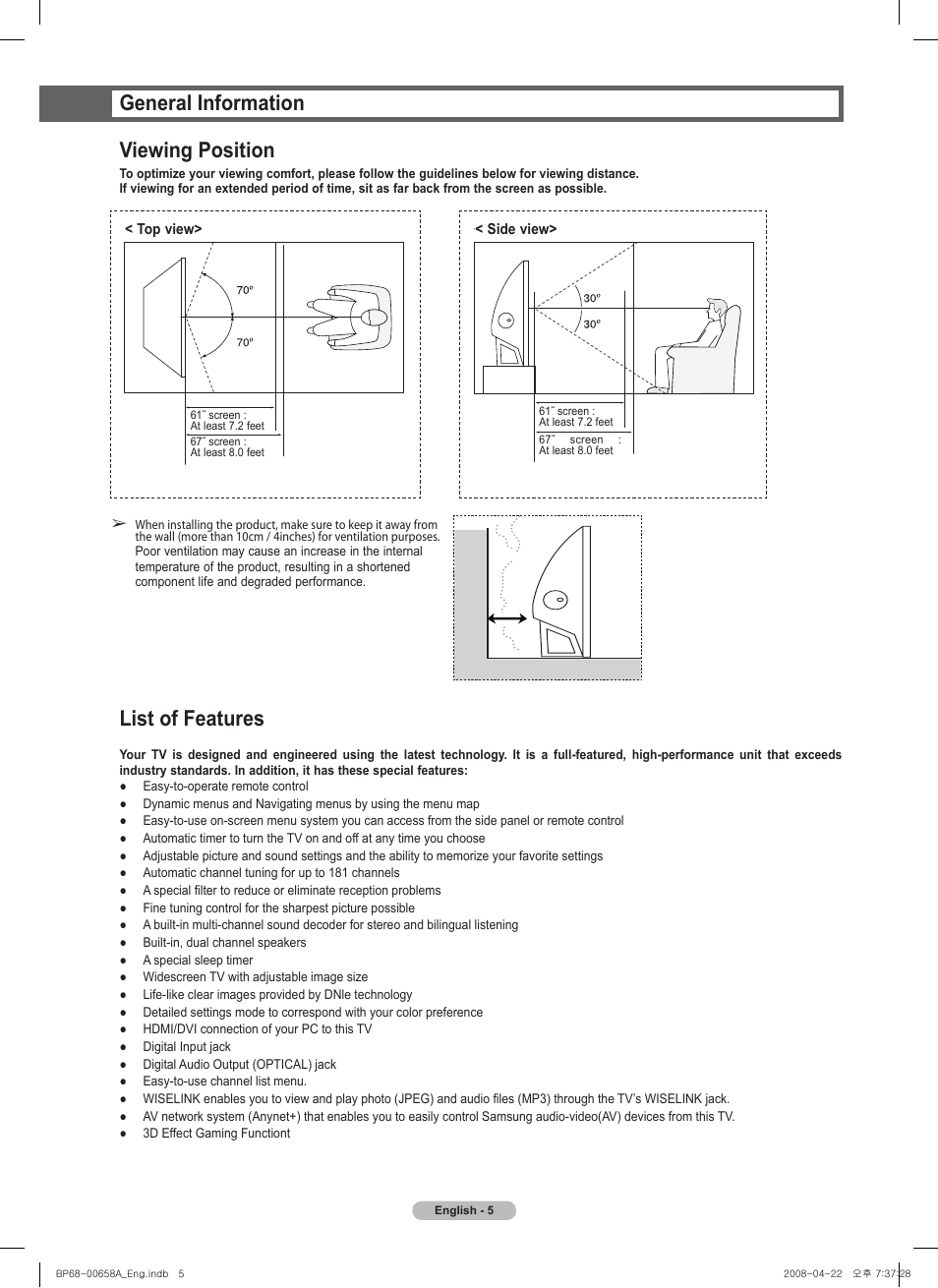 General information, Viewing position, List of features | General information viewing position | Samsung 750 Series User Manual | Page 5 / 195