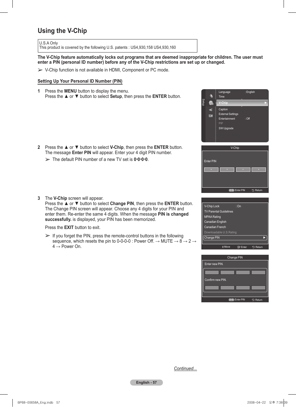 Using the v-chip | Samsung 750 Series User Manual | Page 57 / 195