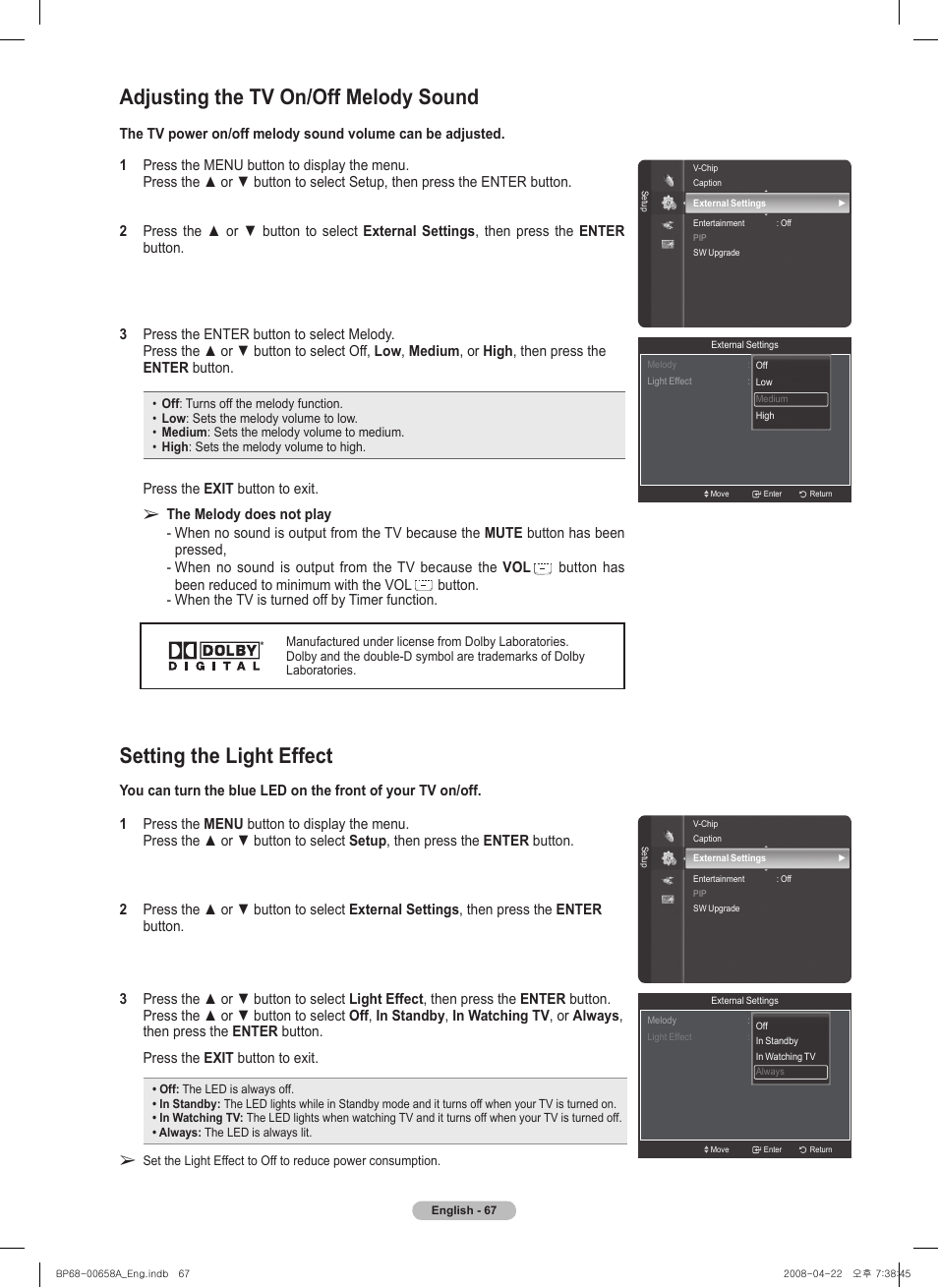 Adjusting the tv on/off melody sound, Setting the light effect | Samsung 750 Series User Manual | Page 67 / 195