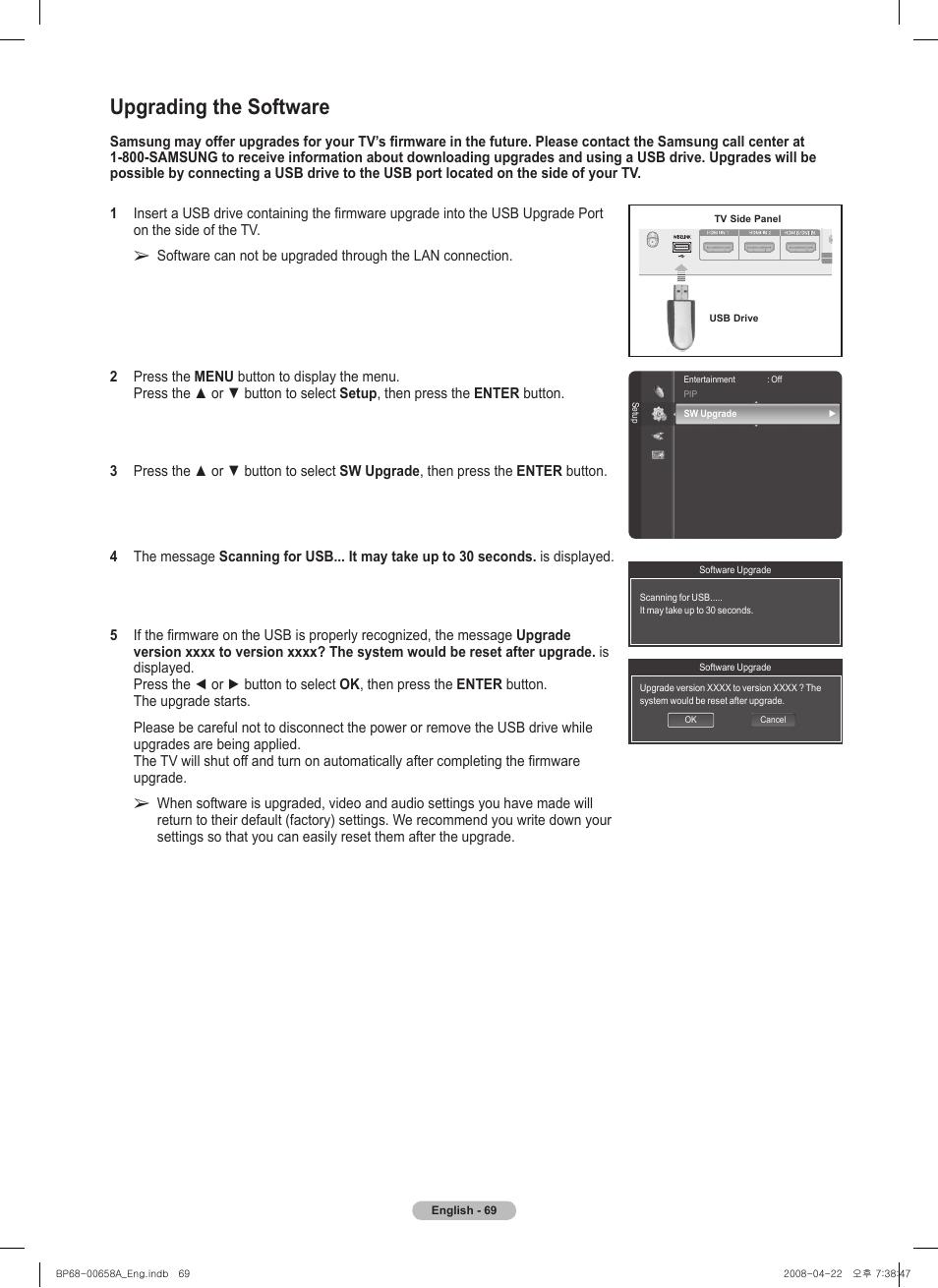 Upgrading the software | Samsung 750 Series User Manual | Page 69 / 195