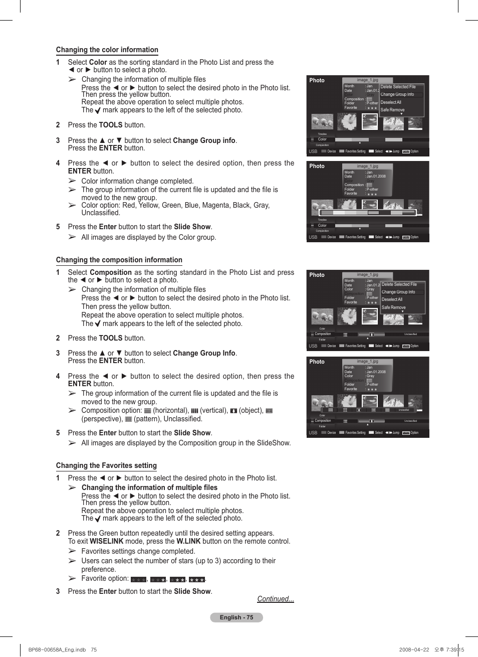 Favorites settings change completed, Favorite option, Color information change completed | All images are displayed by the color group | Samsung 750 Series User Manual | Page 75 / 195