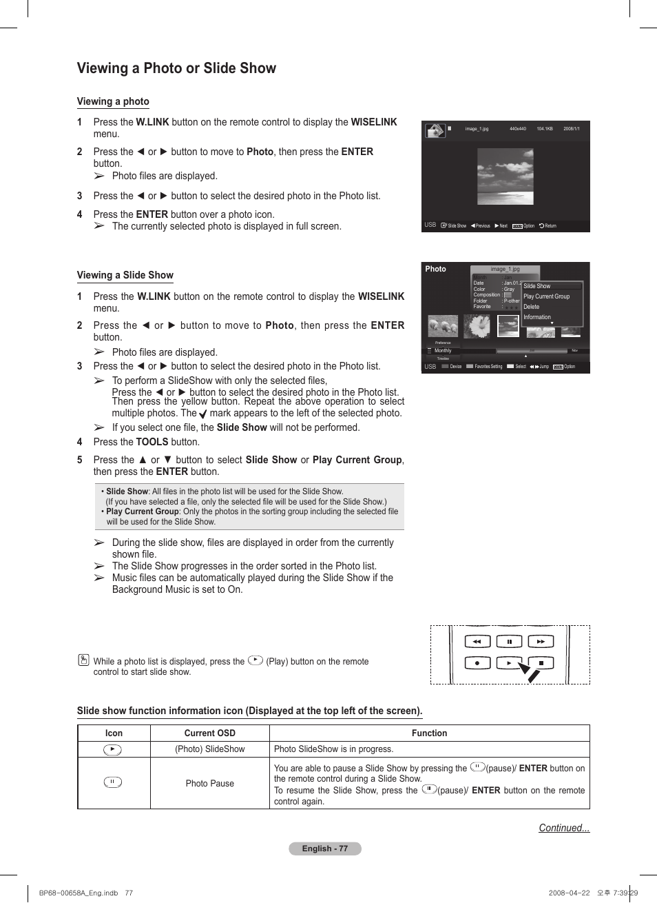 Viewing a photo or slide show, Continued | Samsung 750 Series User Manual | Page 77 / 195