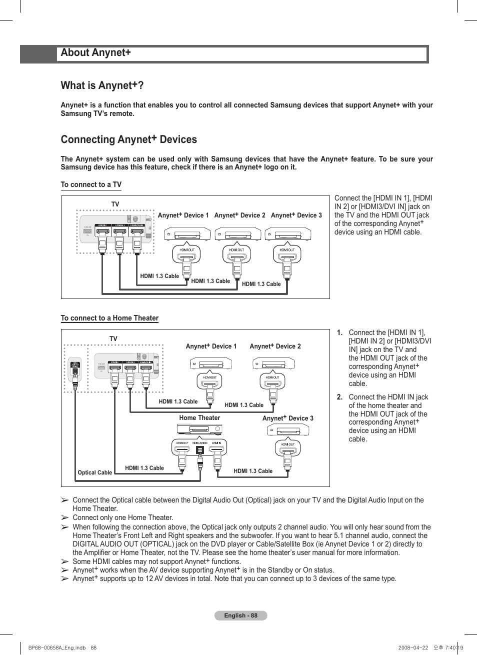 About anynet, What is anynet, Connecting anynet+ devices | About anynet+ what is anynet | Samsung 750 Series User Manual | Page 88 / 195