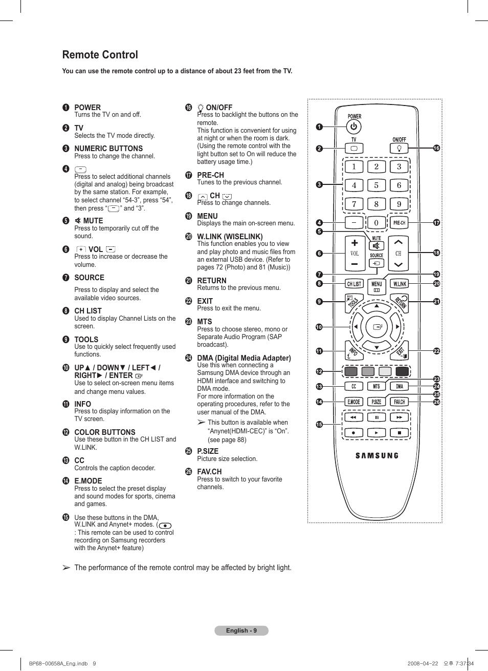 Remote control | Samsung 750 Series User Manual | Page 9 / 195