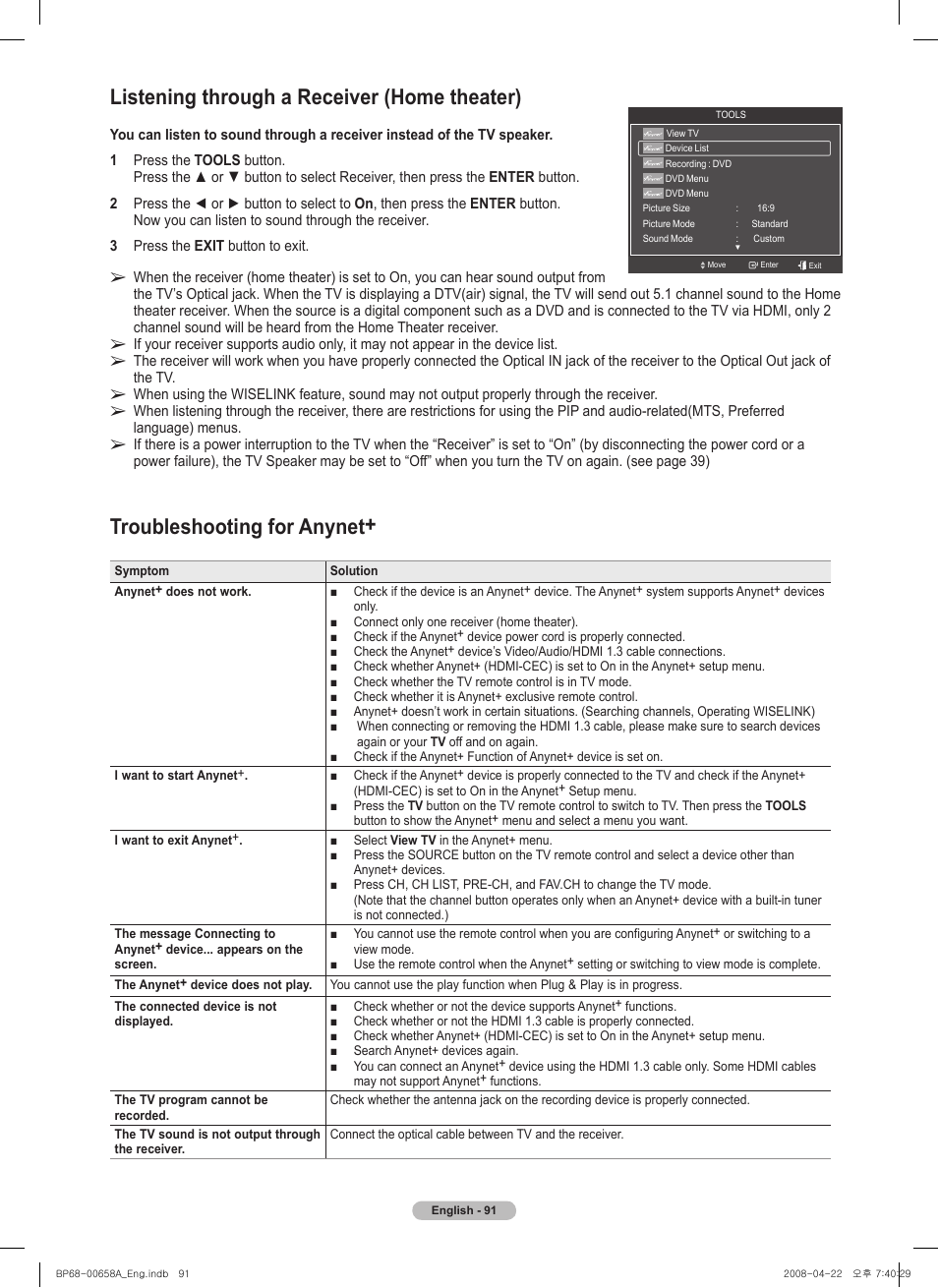 Listening through a receiver (home theater), Troubleshooting for anynet | Samsung 750 Series User Manual | Page 91 / 195
