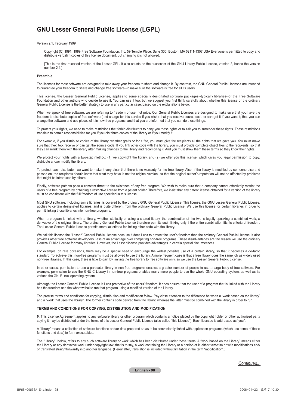 Gnu lesser general public license (lgpl), Continued | Samsung 750 Series User Manual | Page 98 / 195