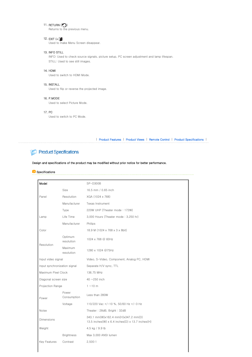 Product specifications | Samsung SP-D300B User Manual | Page 13 / 39
