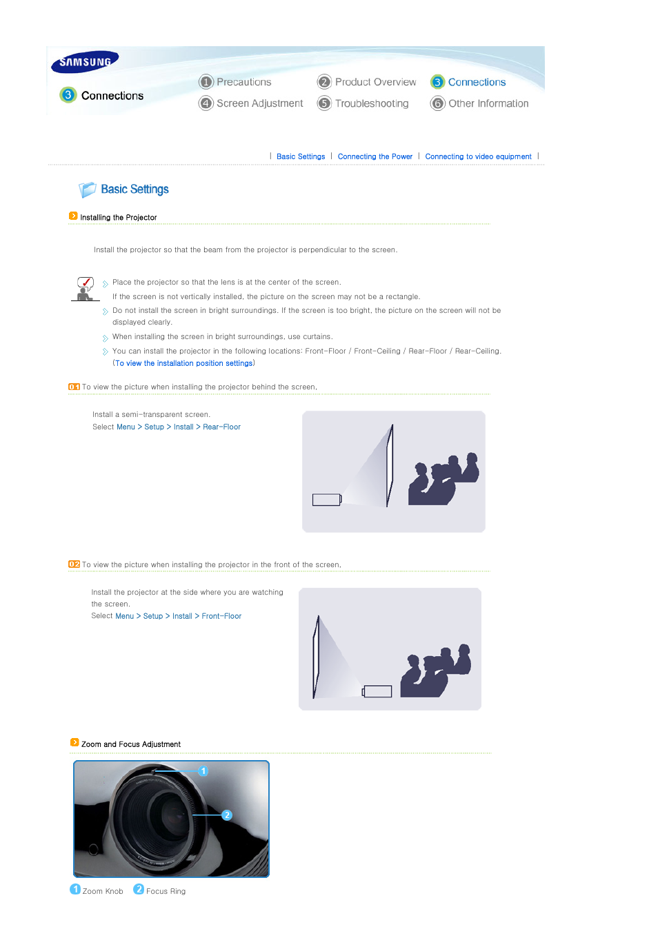 Connections, Basic settings | Samsung SP-D300B User Manual | Page 17 / 39