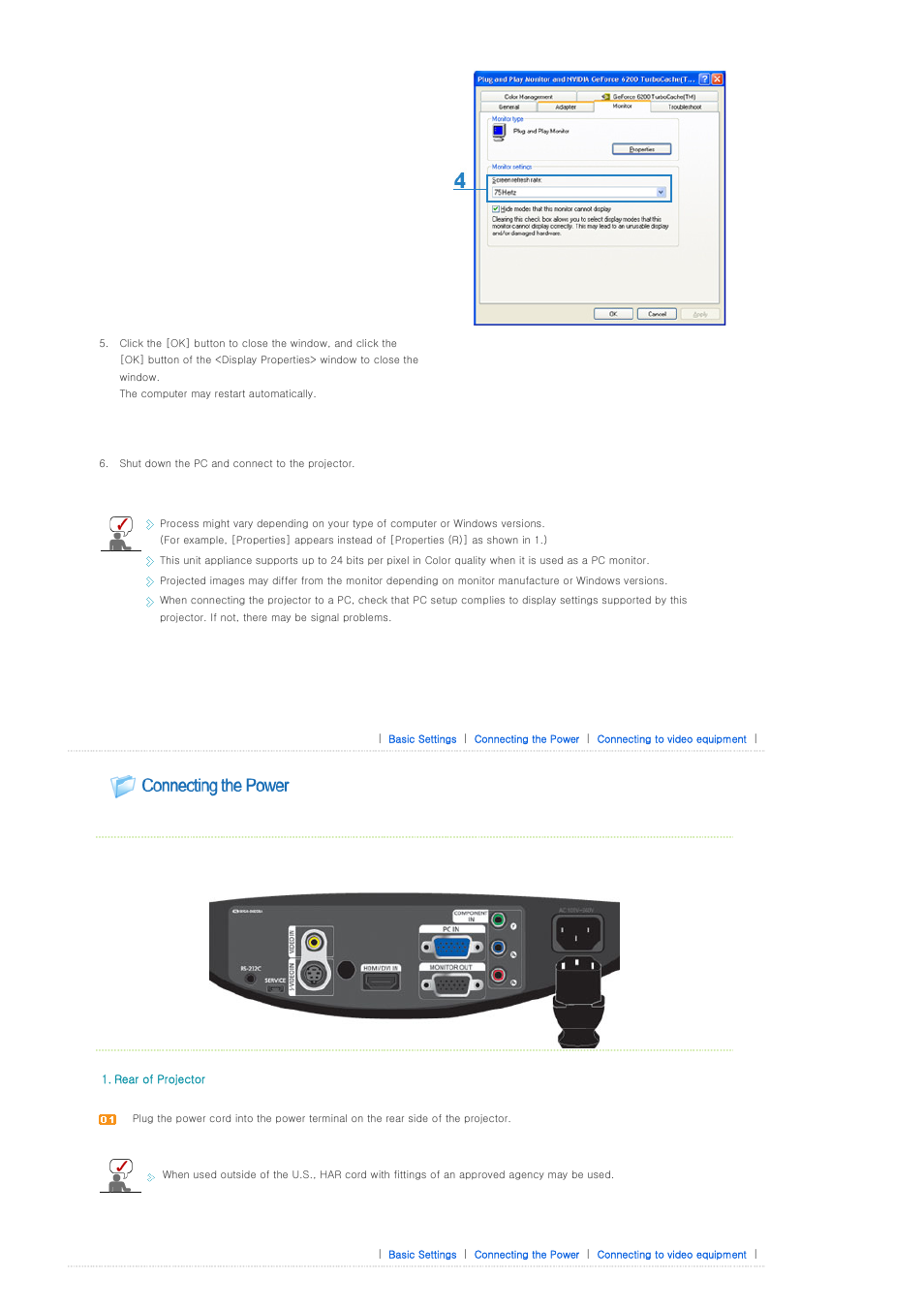 Connecting the power, Connecting to video equipment | Samsung SP-D300B User Manual | Page 20 / 39