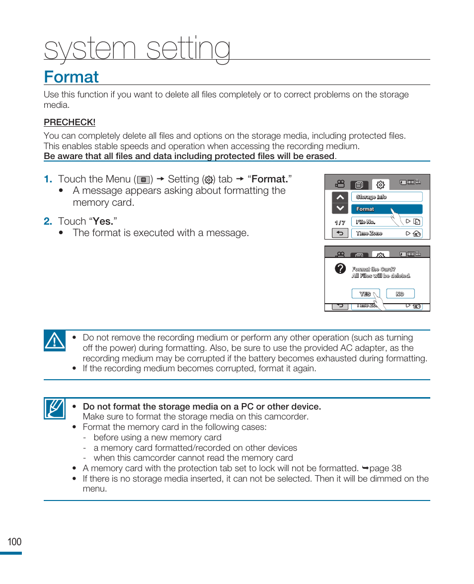 Format, System setting | Samsung HMX-R10SP User Manual | Page 100 / 154