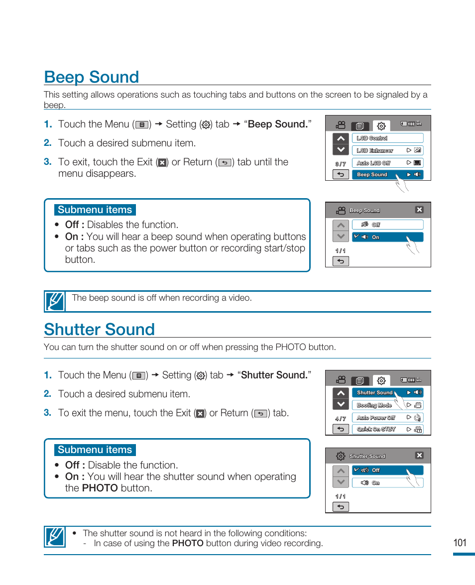 Beep sound, Shutter sound, Touch a desired submenu item | Samsung HMX-R10SP User Manual | Page 101 / 154
