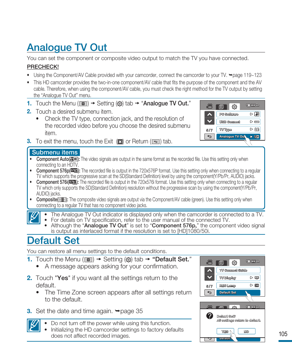 Analogue tv out, Default set, Submenu items | Set the date and time again. page 35 | Samsung HMX-R10SP User Manual | Page 105 / 154
