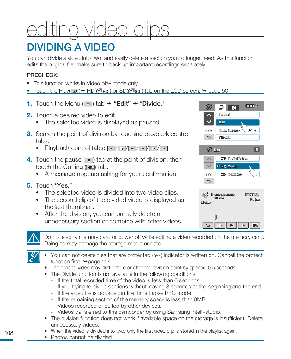 Dividing a video, Editing video clips | Samsung HMX-R10SP User Manual | Page 108 / 154