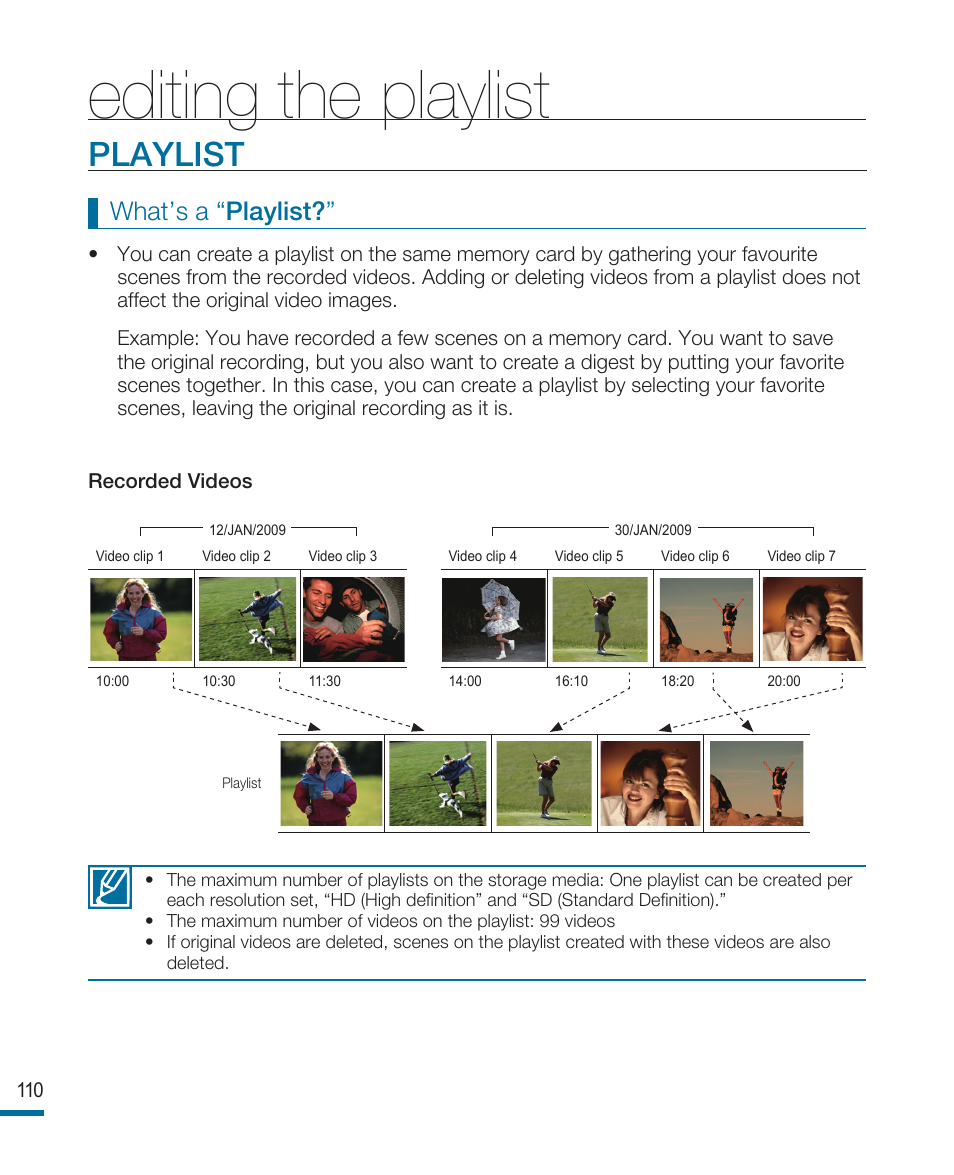 Editing the playlist, Playlist, What’s a “playlist | Samsung HMX-R10SP User Manual | Page 110 / 154