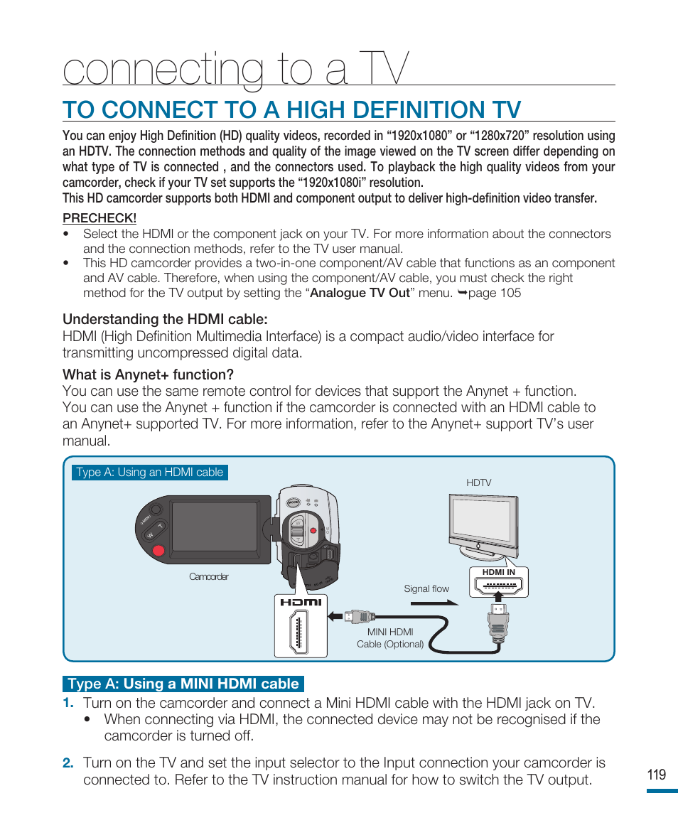 Connecting to a tv, To connect to a high definition tv | Samsung HMX-R10SP User Manual | Page 119 / 154