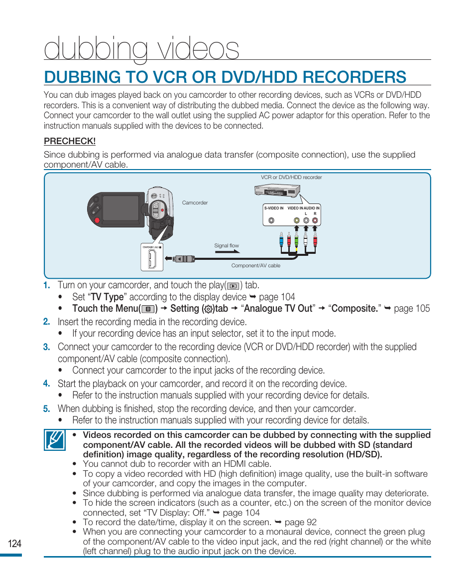 Dubbing videos, Dubbing to vcr or dvd/hdd recorders | Samsung HMX-R10SP User Manual | Page 124 / 154