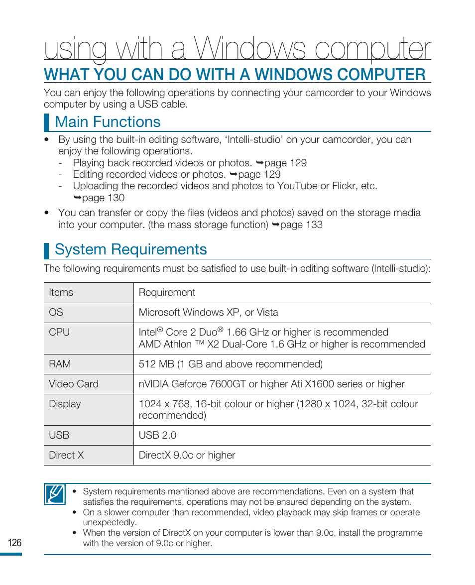 What you can do with a windows computer, Using with a windows computer, Main functions | System requirements | Samsung HMX-R10SP User Manual | Page 126 / 154