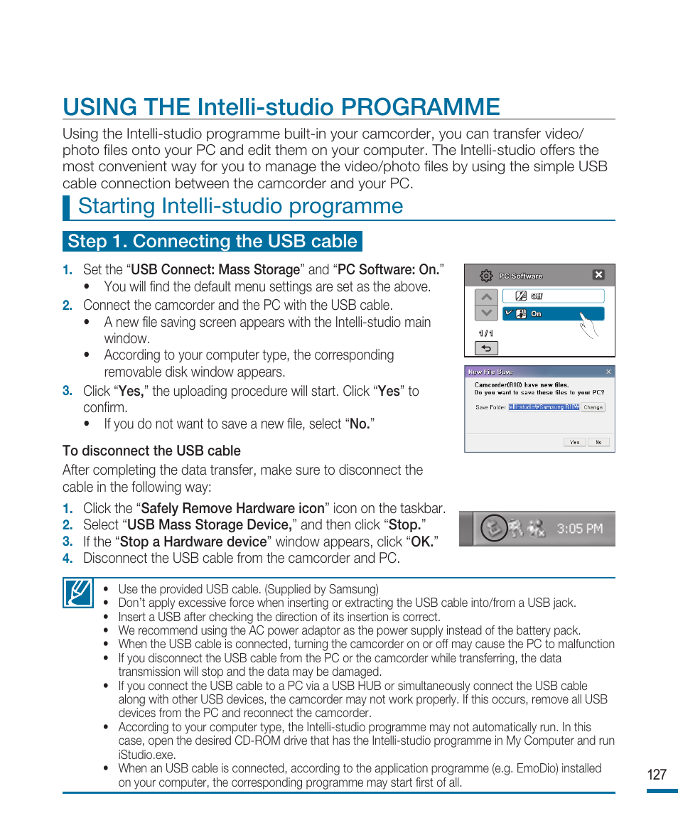 Using the intelli-studio programme, Starting intelli-studio programme, Step 1. connecting the usb cable | Samsung HMX-R10SP User Manual | Page 127 / 154
