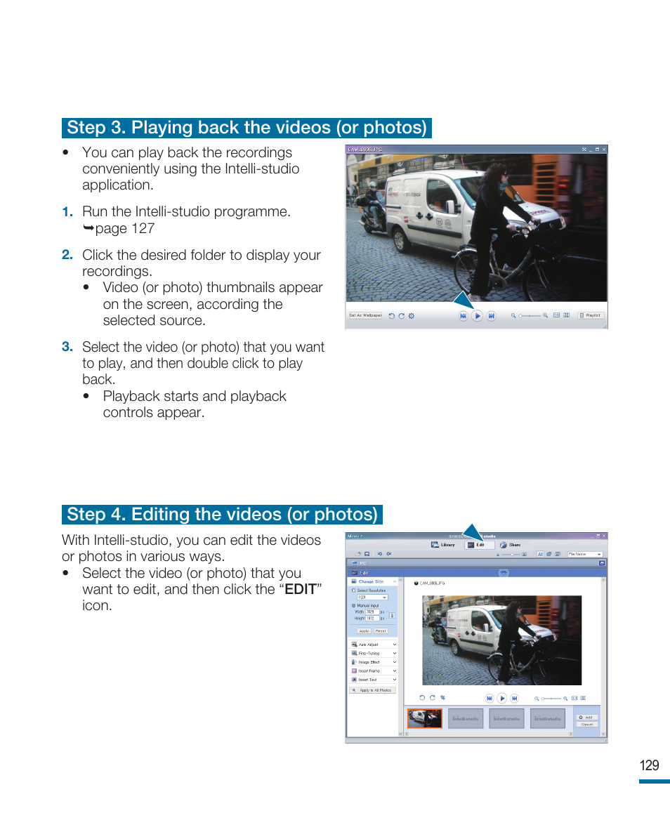Step 3. playing back the videos (or photos), Step 4. editing the videos (or photos) | Samsung HMX-R10SP User Manual | Page 129 / 154