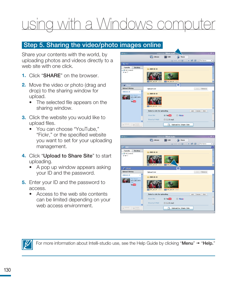 Using with a windows computer, Step 5. sharing the video/photo images online | Samsung HMX-R10SP User Manual | Page 130 / 154