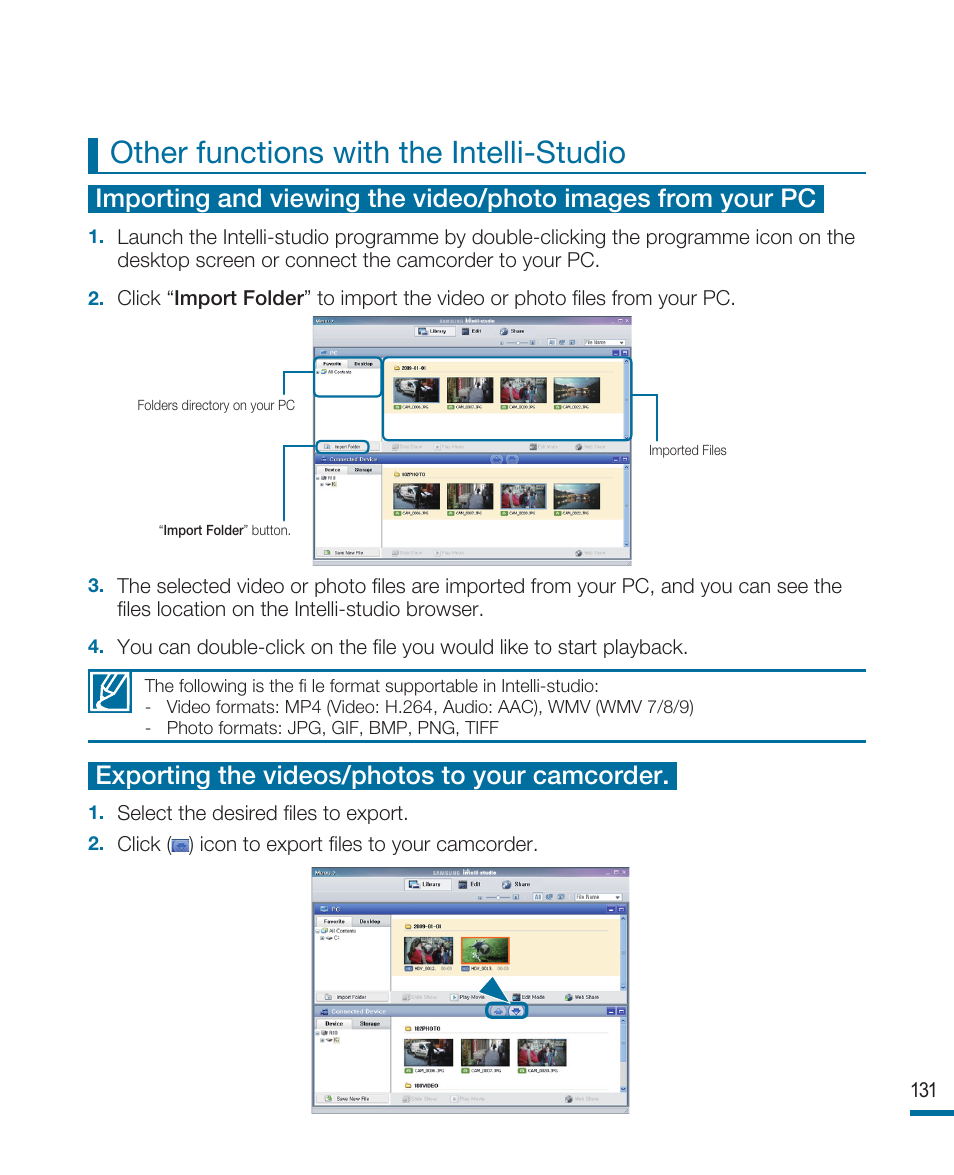 Other functions with the intelli-studio, Exporting the videos/photos to your camcorder | Samsung HMX-R10SP User Manual | Page 131 / 154