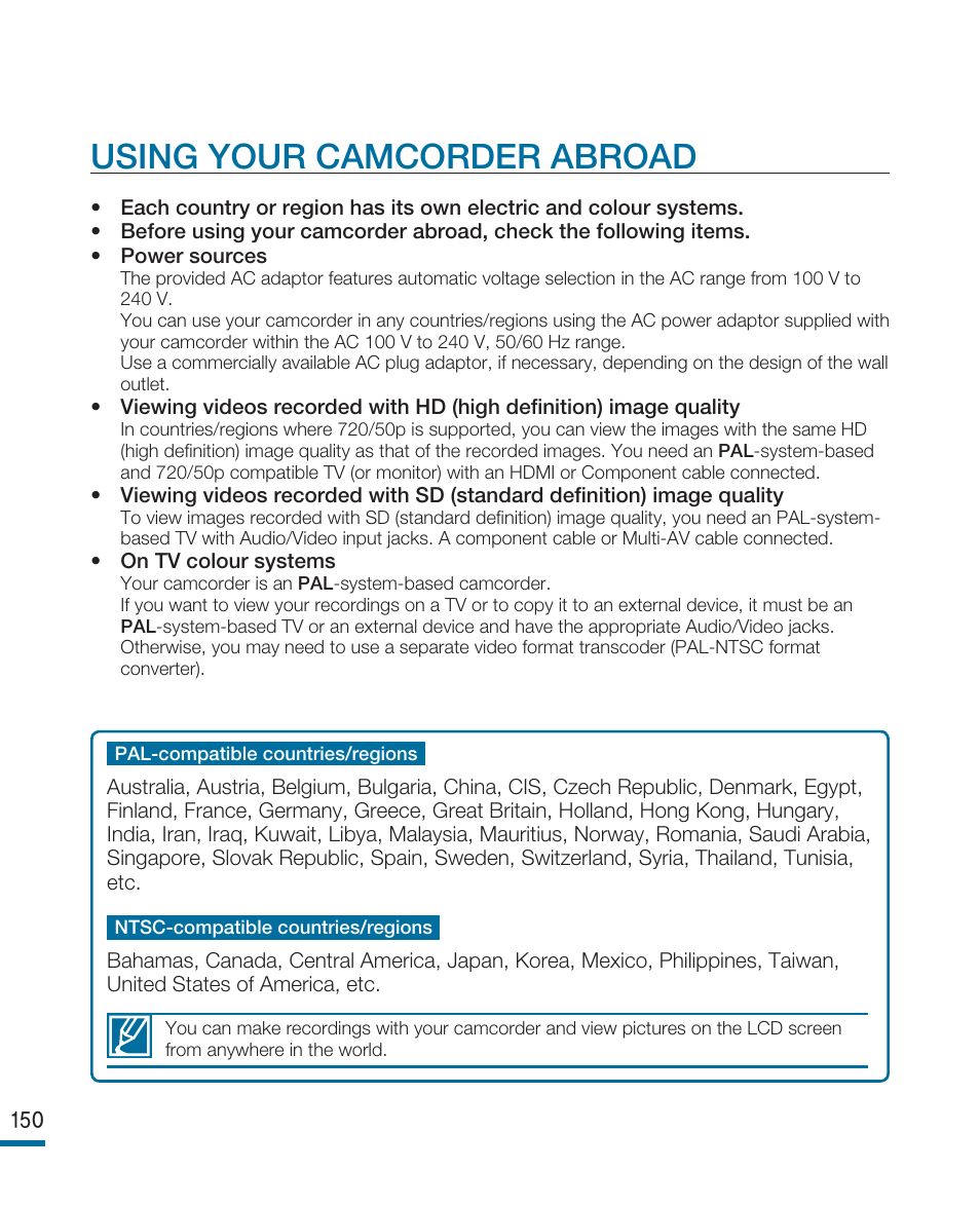 Using your camcorder abroad | Samsung HMX-R10SP User Manual | Page 150 / 154