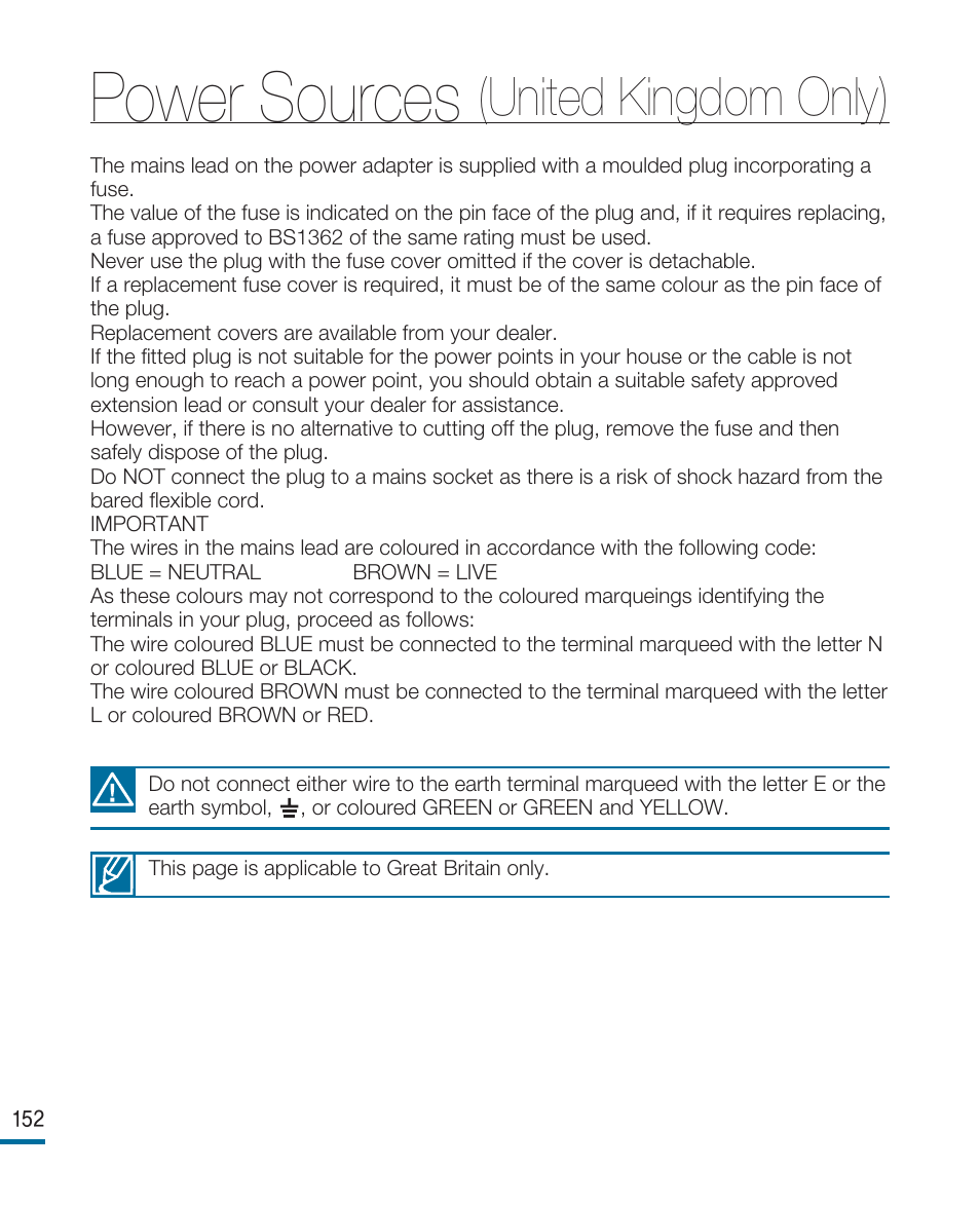 Power sources (united kingdom only), Power sources, United kingdom only) | Samsung HMX-R10SP User Manual | Page 152 / 154