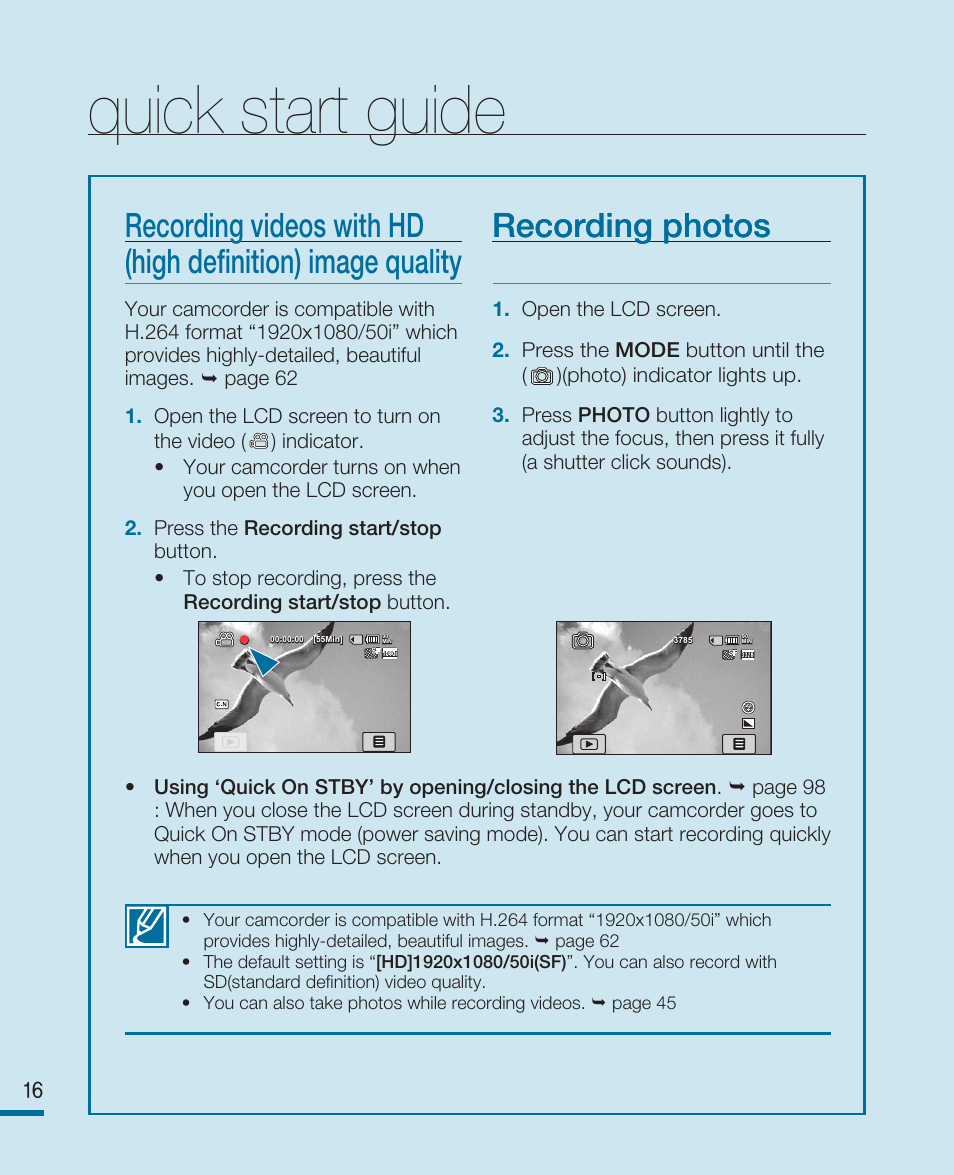 Quick start guide, Recording photos | Samsung HMX-R10SP User Manual | Page 16 / 154
