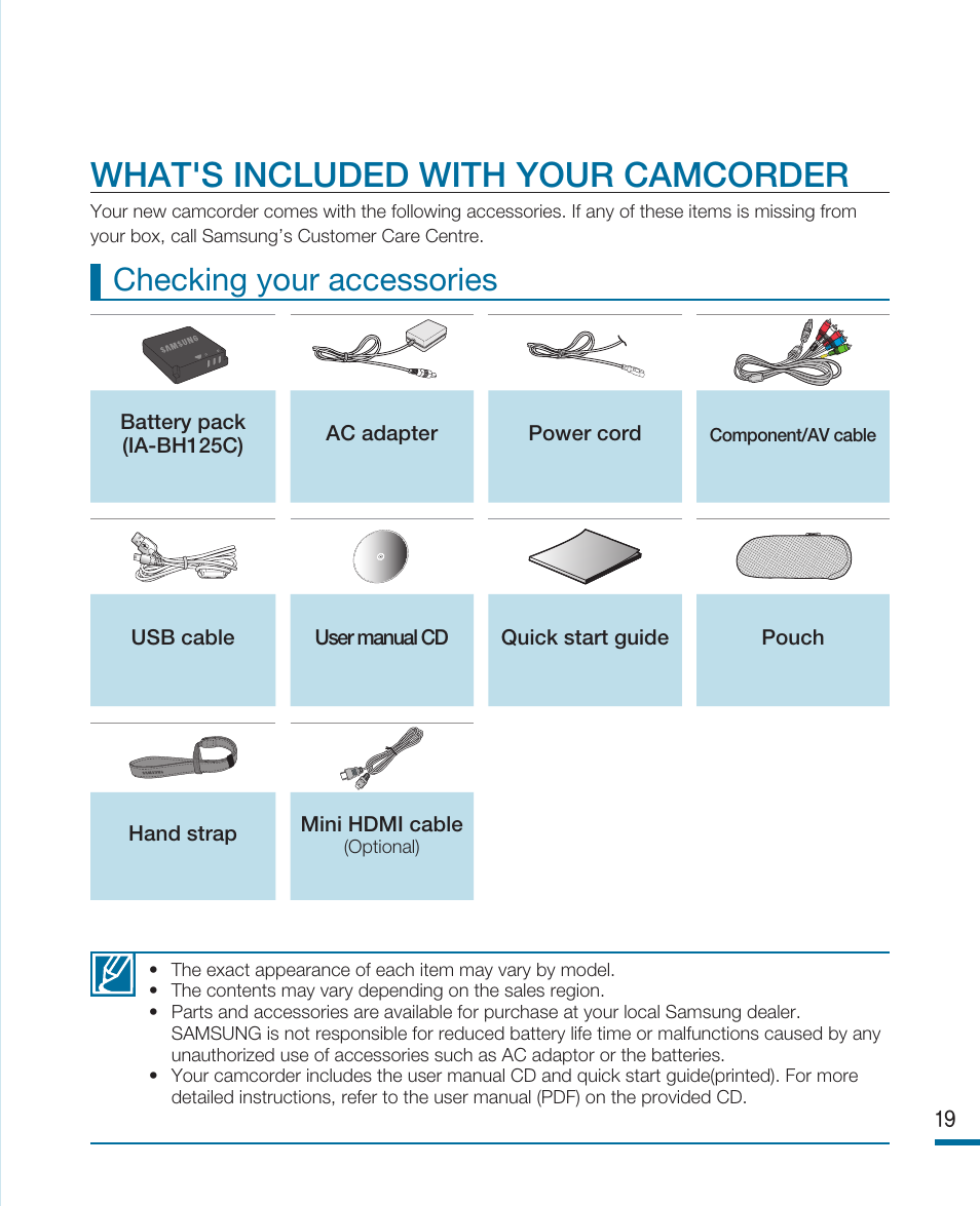 What's included with your camcorder, Checking your accessories | Samsung HMX-R10SP User Manual | Page 19 / 154