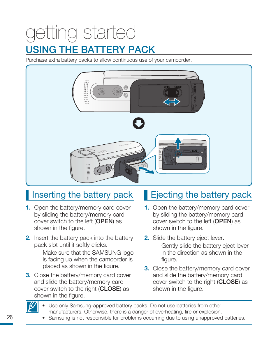 Getting started, Using the battery pack, Inserting the battery pack | Ejecting the battery pack | Samsung HMX-R10SP User Manual | Page 26 / 154