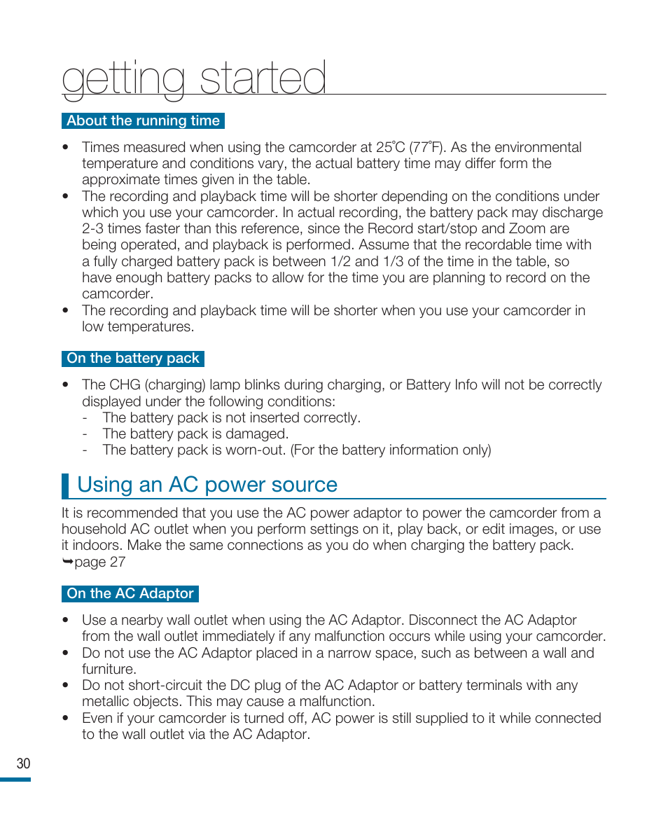 Getting started, Using an ac power source | Samsung HMX-R10SP User Manual | Page 30 / 154