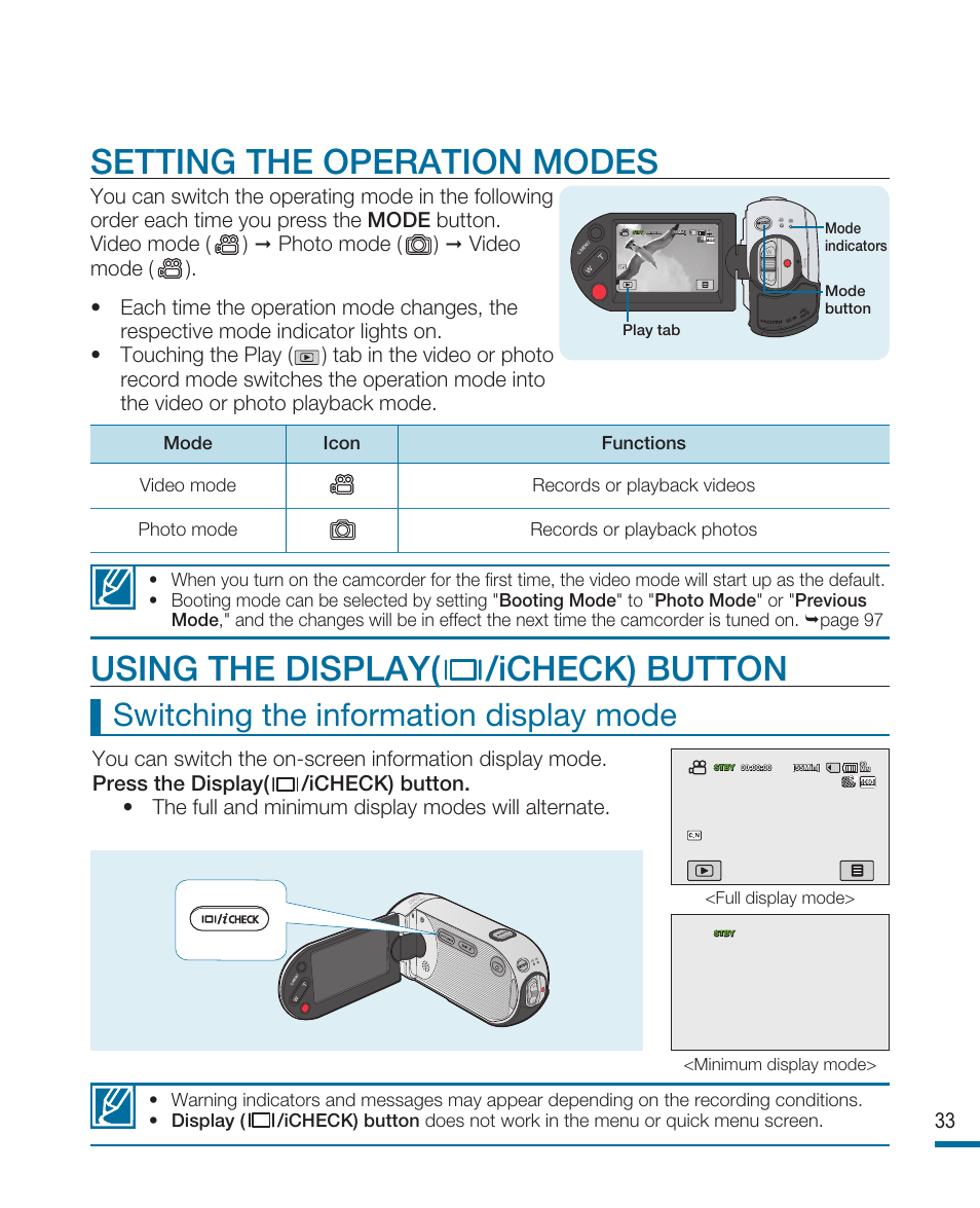 Setting the operation modes, Using the display( /icheck) button, Switching the information display mode | Samsung HMX-R10SP User Manual | Page 33 / 154