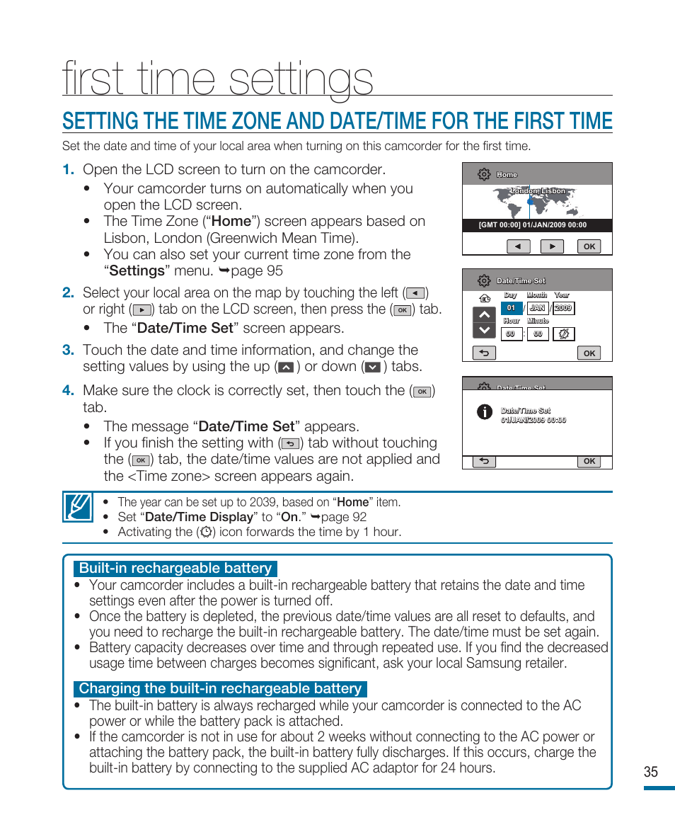 First time settings | Samsung HMX-R10SP User Manual | Page 35 / 154