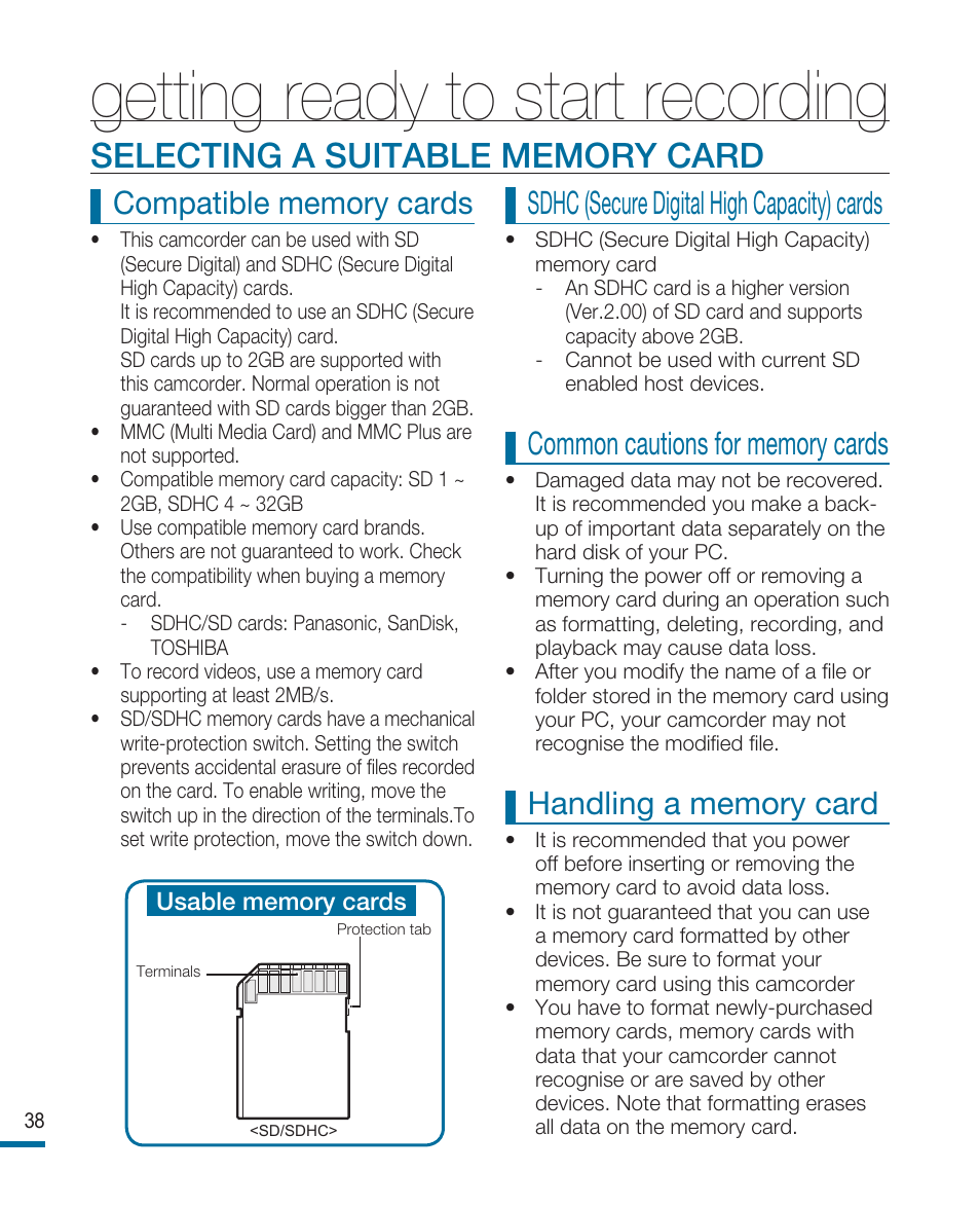 Selecting a suitable memory card, Getting ready to start recording, Sdhc (secure digital high capacity) cards | Samsung HMX-R10SP User Manual | Page 38 / 154