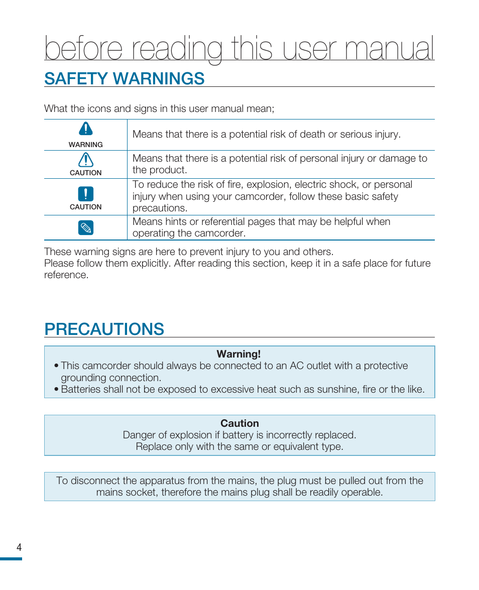 Before reading this user manual, Safety warnings, Precautions | Samsung HMX-R10SP User Manual | Page 4 / 154