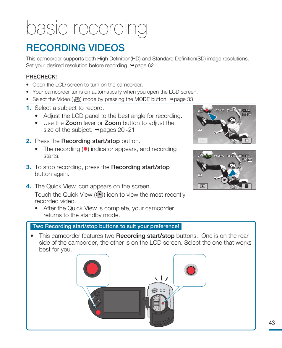 Basic recording, Recording videos | Samsung HMX-R10SP User Manual | Page 43 / 154