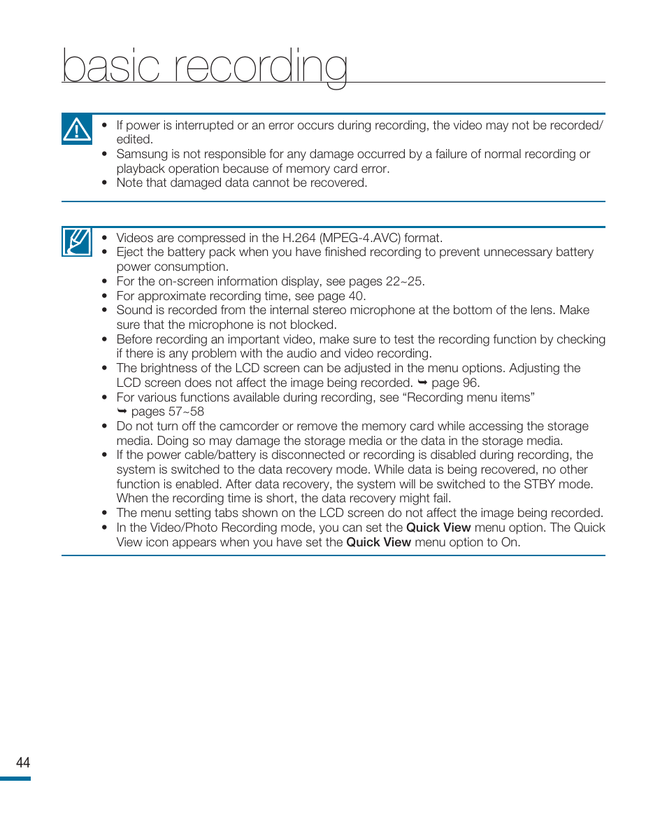 Basic recording | Samsung HMX-R10SP User Manual | Page 44 / 154