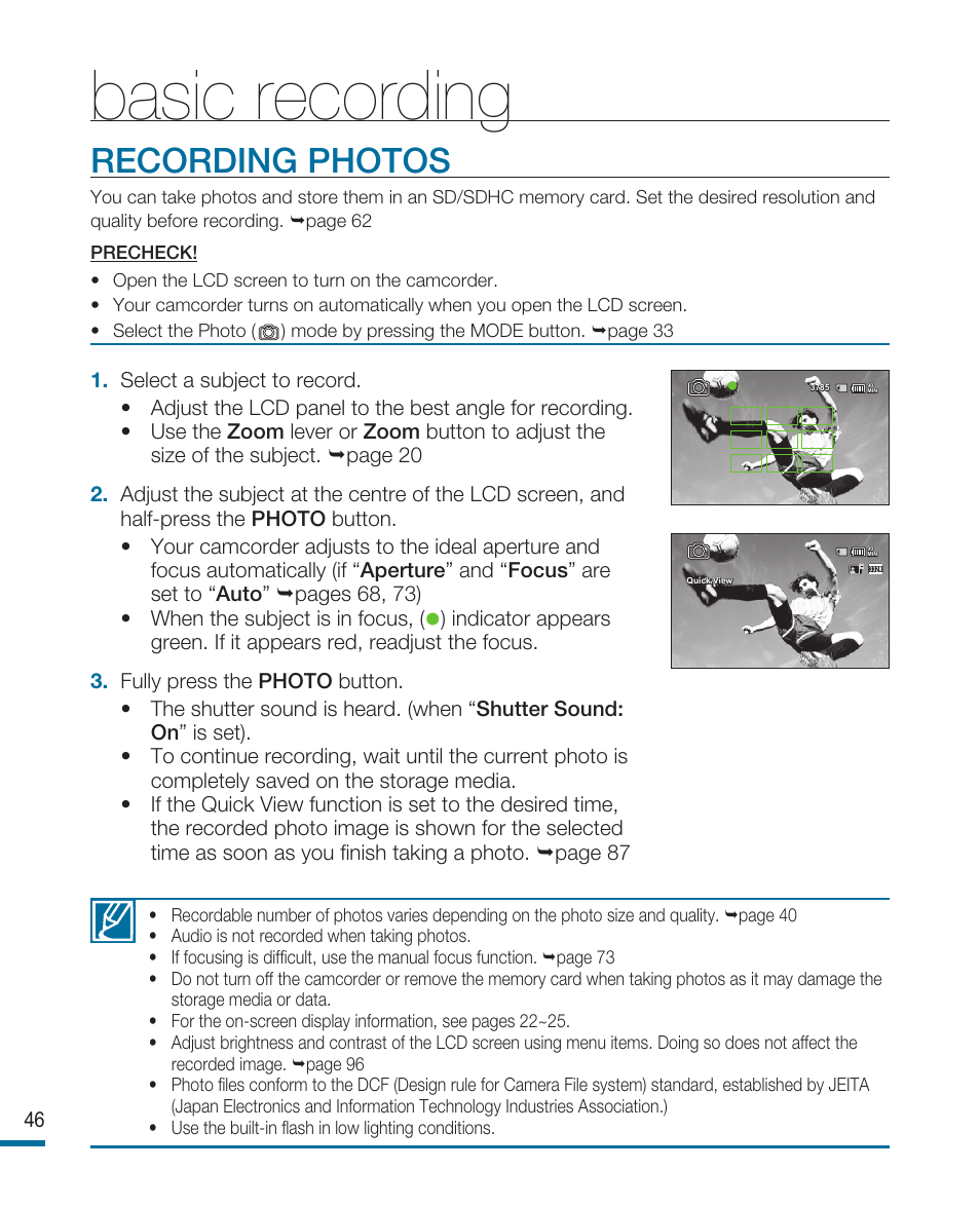 Recording photos, Basic recording | Samsung HMX-R10SP User Manual | Page 46 / 154